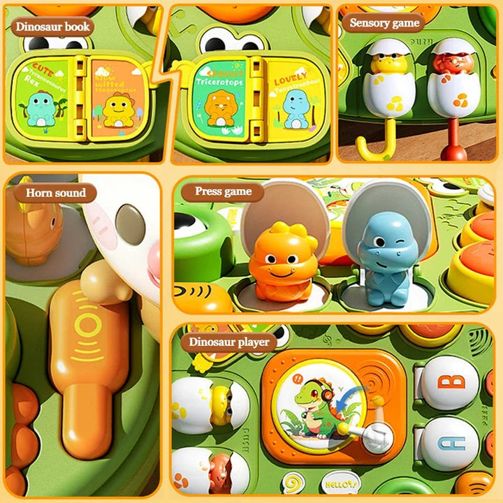 Activity details showing a dinosaur flip book, animal figures, and colorful play controls