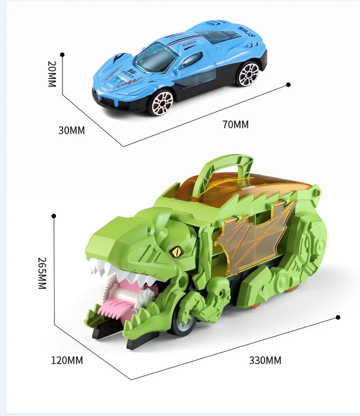 Measurement diagram showing the dinosaur car carrier and a blue mini car