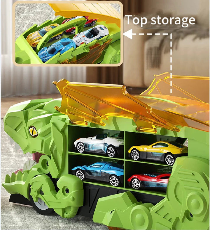 Green dinosaur car carrier showing side compartments and an inset view of its top storage