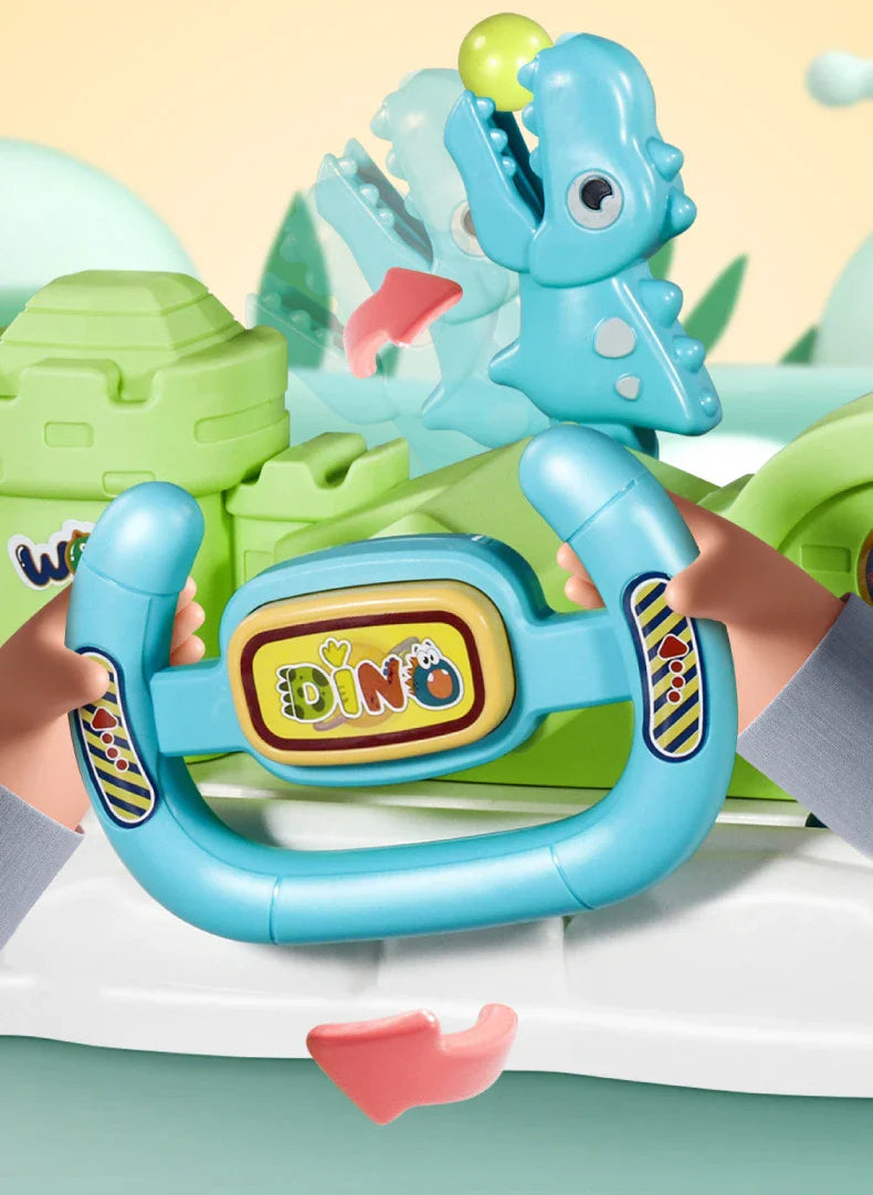 Close-up of the blue steering wheel and dinosaur figure on the ball-catching toy.