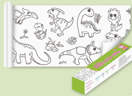 Dinosaur-pattern coloring roll beside its green box
