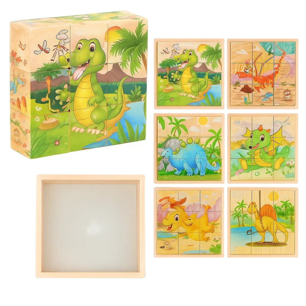 Dinosaur block puzzle shown with a wooden tray and six illustrated dinosaur scenes.