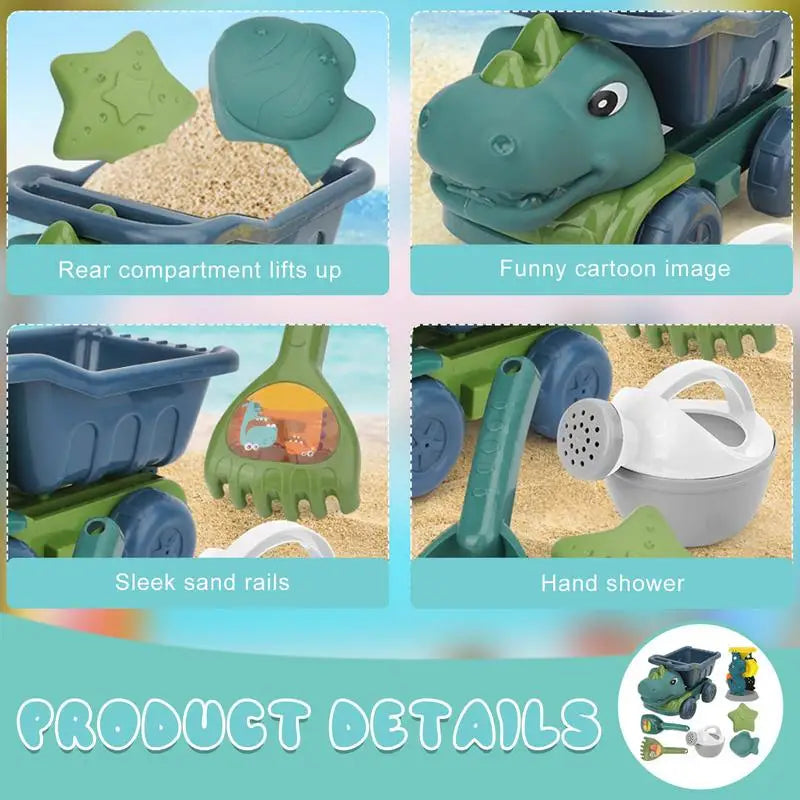 Close-up collage of the tipping truck bed, dinosaur face, sand rake, and watering can