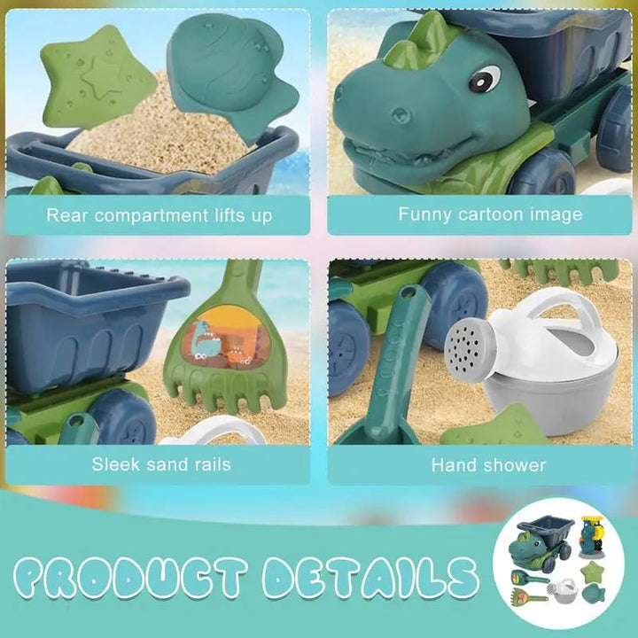Close-up collage of the tipping truck bed, dinosaur face, sand rake, and watering can