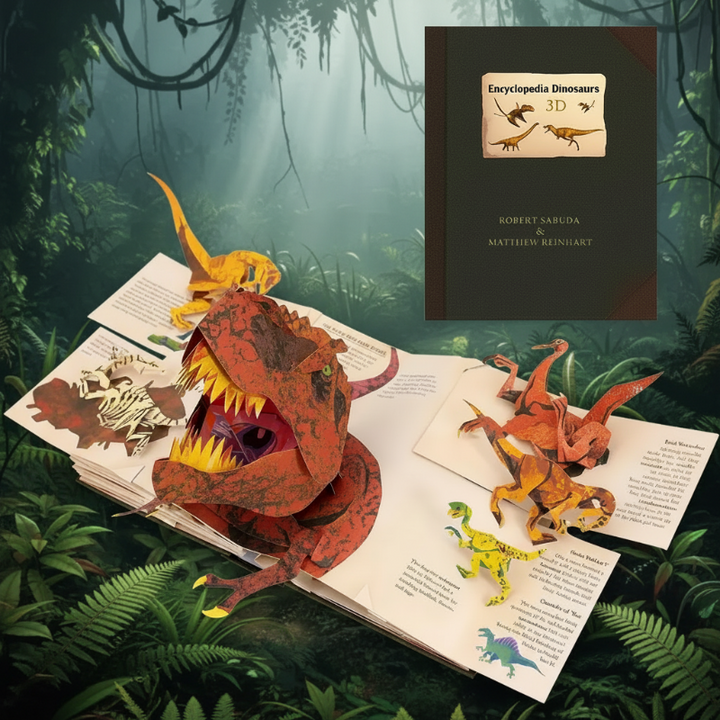 Dinosaurs edition with its green hardcover and an open T. rex pop-up scene against a forest backdrop