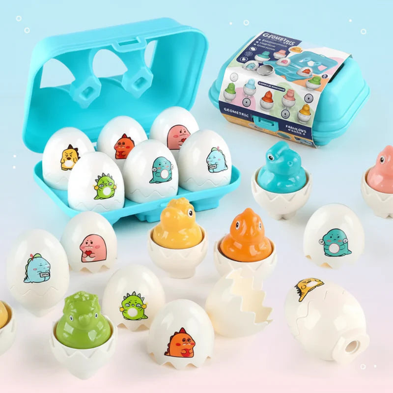 Dinosaur egg puzzle with a turquoise case, printed white shells, and colorful dinosaur figures