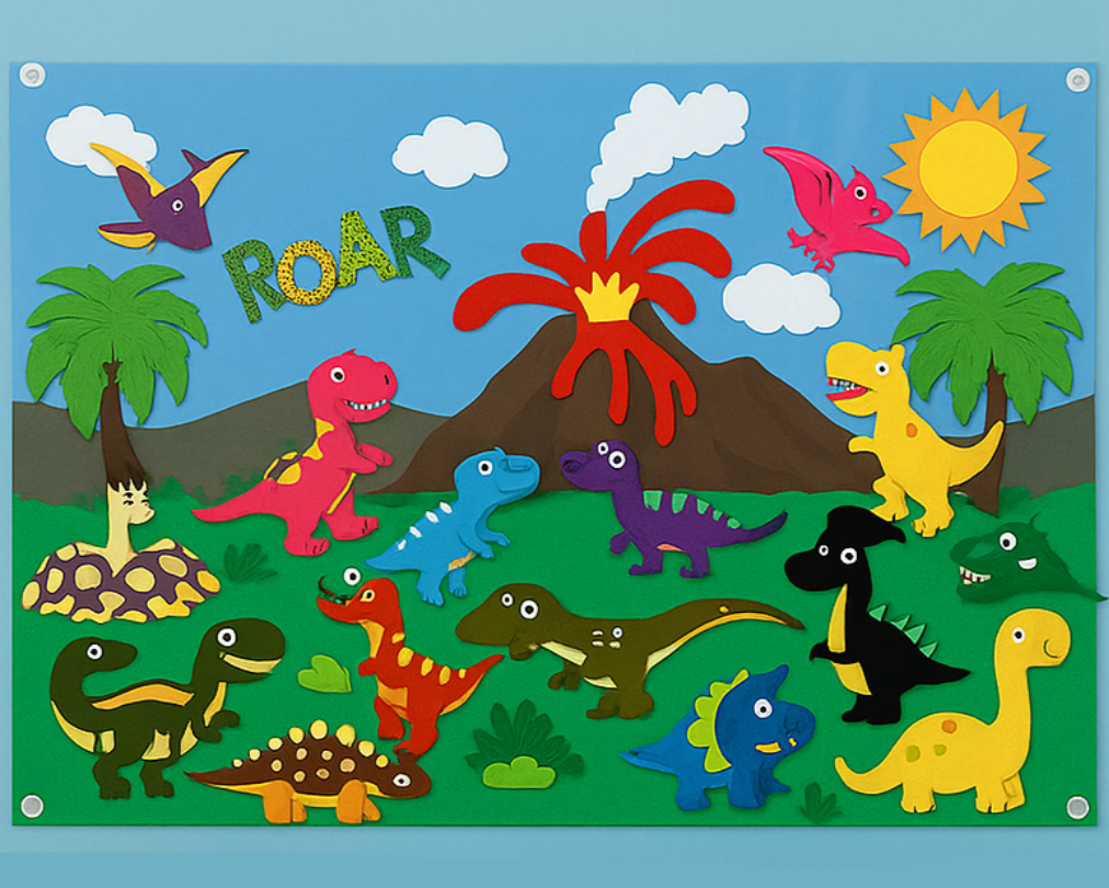 Dinosaur felt board with colorful dinosaurs, palm trees, and an erupting volcano