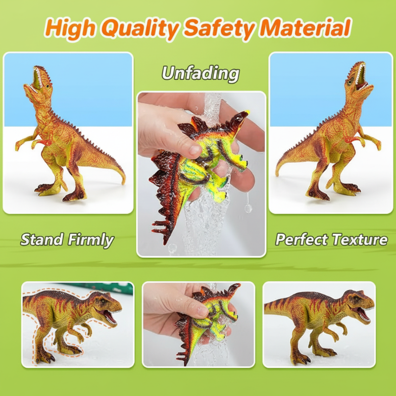 Orange dinosaur figure displayed standing, in close-up, and held in a hand.