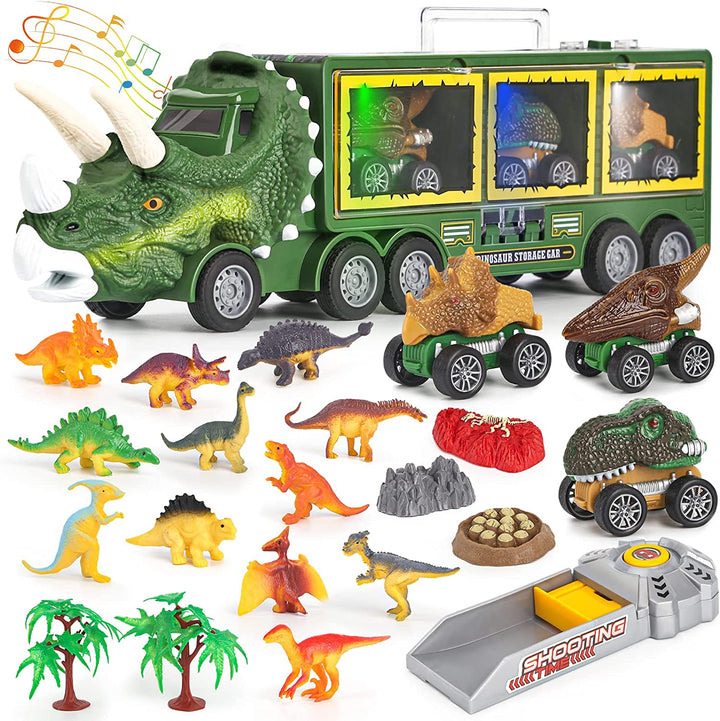 Dinosaur truck with small cars, dinosaur figures, trees, and other play accessories
