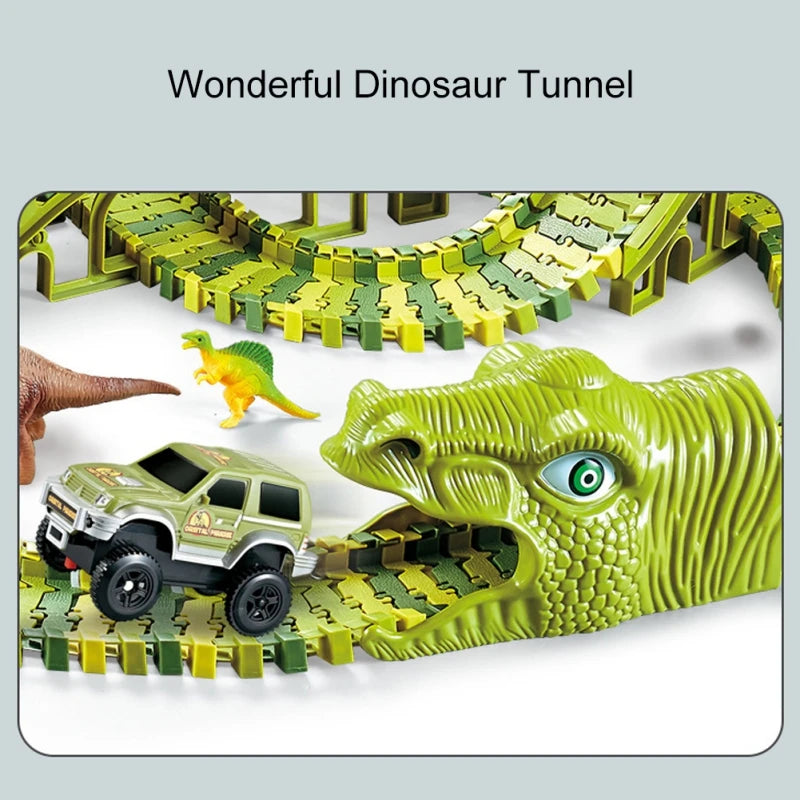 Toy car beside a green dinosaur-head tunnel on interlocking race track