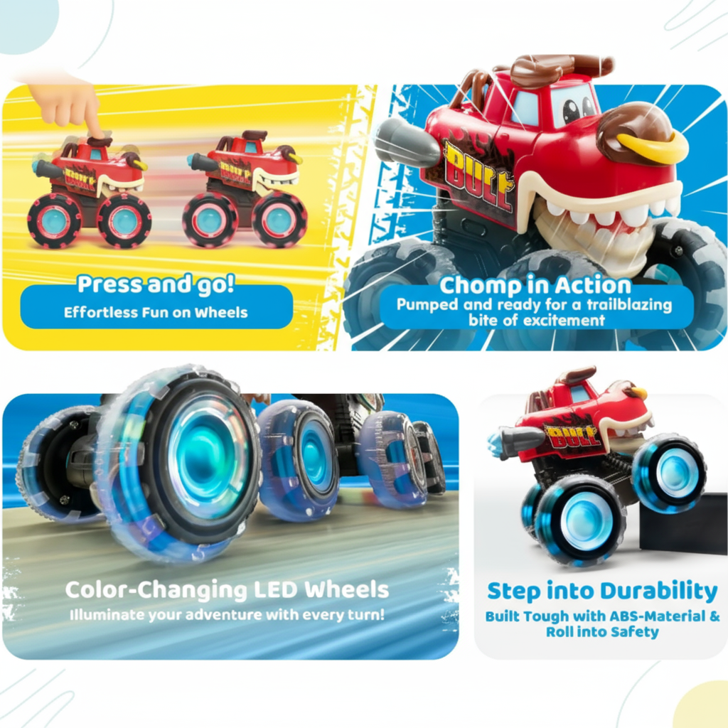 Feature collage showing a red dinosaur truck, chomping jaws, and color-changing LED wheels