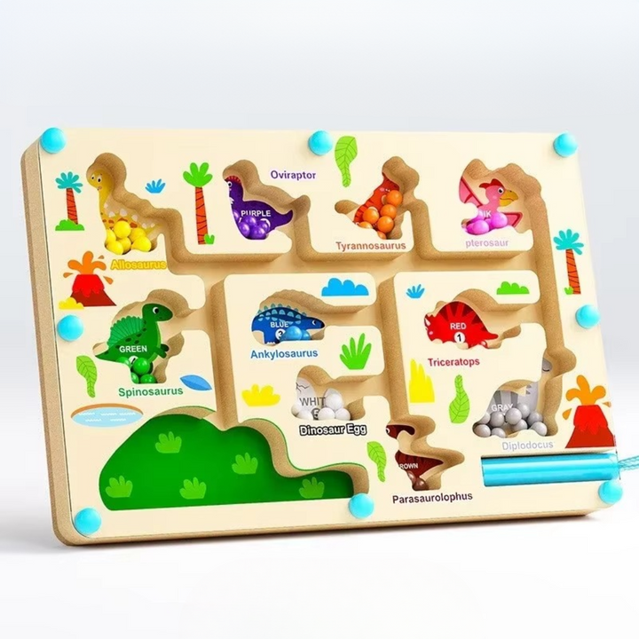 Dinosaur magnetic bead maze with colorful dinosaur spaces and a blue pen
