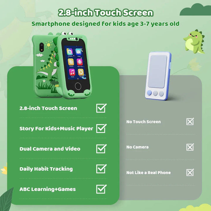 Green toy phone graphic highlighting a 2.8-inch touchscreen and activities for ages 3-7