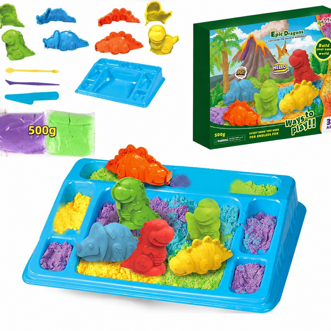 Dinosaur molds and shaping tools with a blue sand tray and play sand