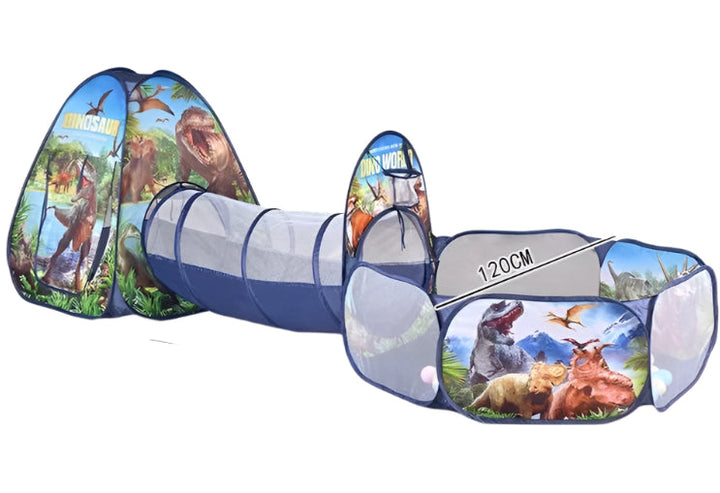 Dinosaur-print play tent with a mesh crawl tunnel and matching open ball pit
