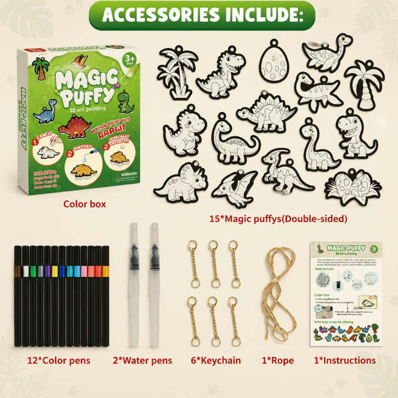 Dinosaur craft kit with outlined paper patterns, markers, water pens, keychain clips, and string
