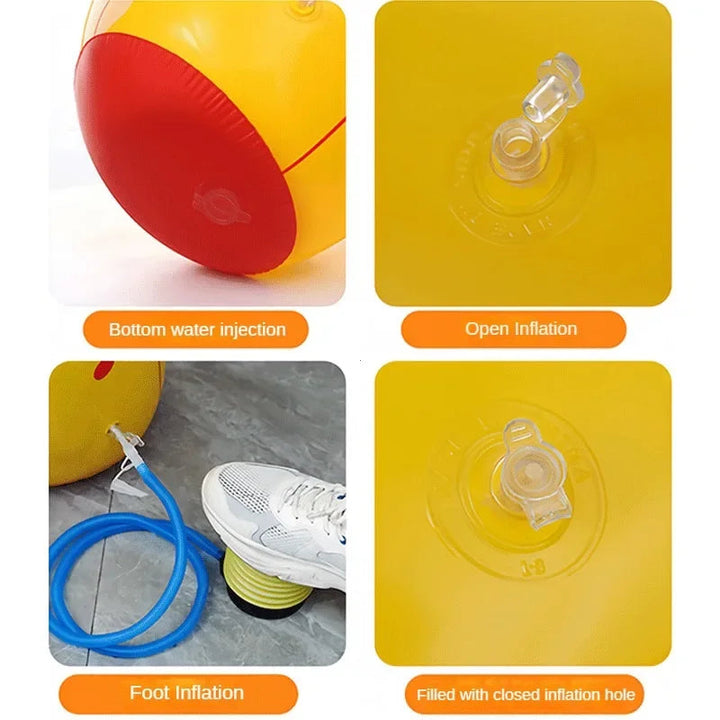 Dinosaur punching bag base and valve close-ups showing water filling, inflation and valve closure