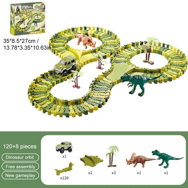 Dinosaur race track layout above a contents guide with track parts, a car, trees, and two dinosaurs
