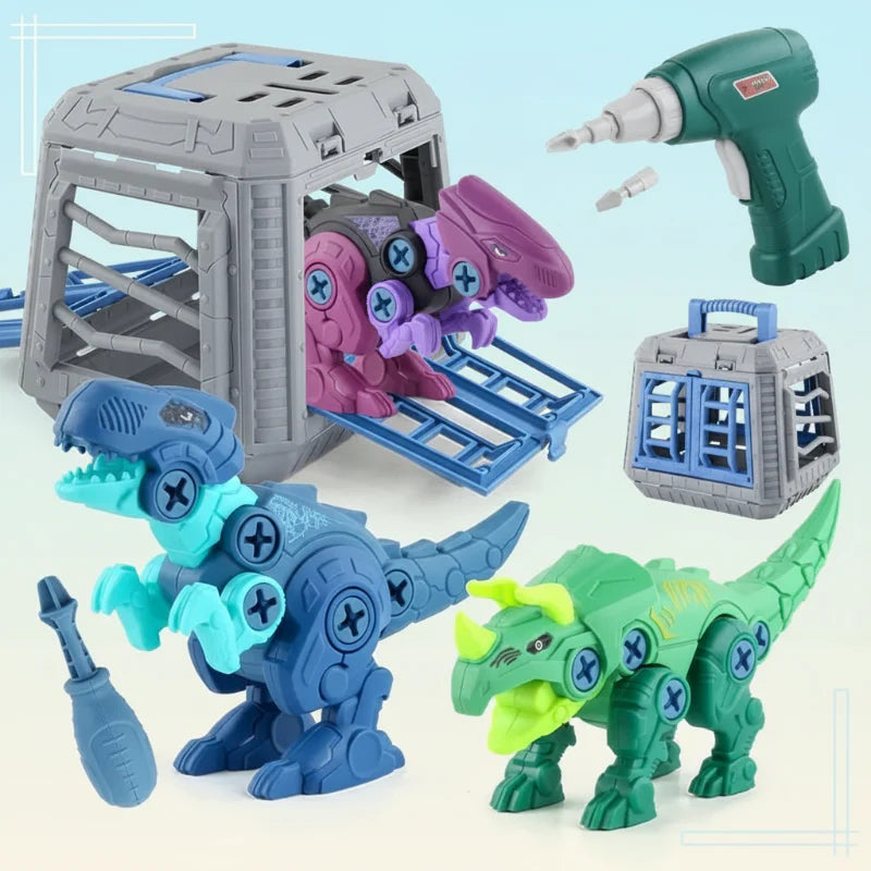 Three buildable dinosaurs with a green toy drill, blue screwdriver, and gray fold-out storage box