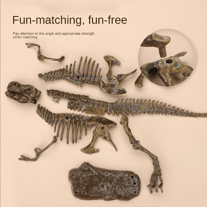 Unassembled brown dinosaur skeleton pieces laid out beside a display base
