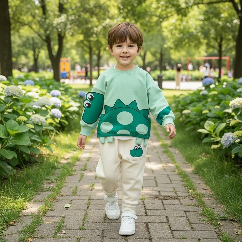 Child wearing a mint-green dinosaur sweater and cream pants on a garden path.