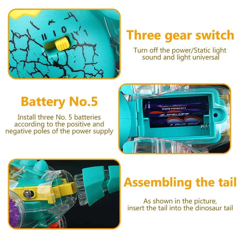 Dinosaur toy details showing the control switch, battery compartment, and tail attachment