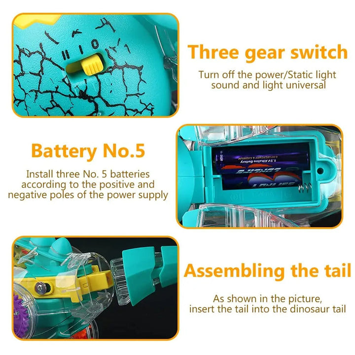 Dinosaur toy details showing the control switch, battery compartment, and tail attachment