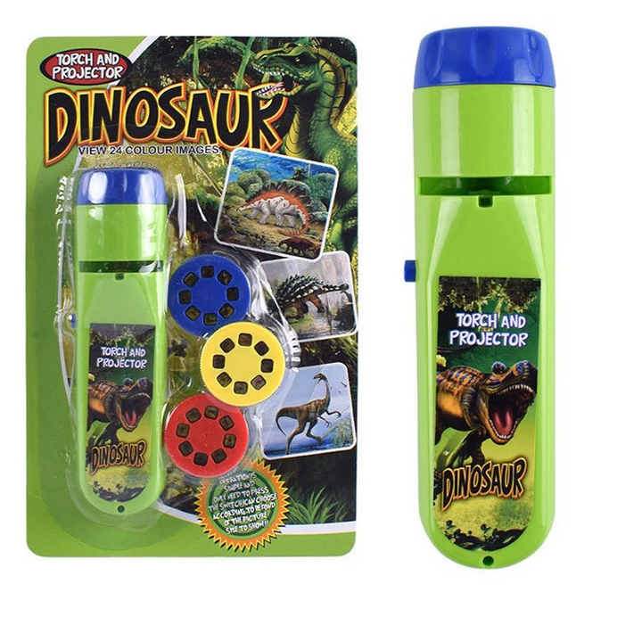 Green-and-blue dinosaur projection flashlight shown beside its packaged slide set