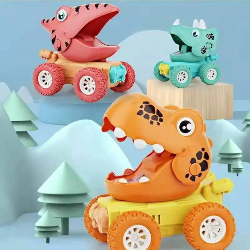 Three colorful dinosaur toy cars with chunky wheels in a miniature landscape