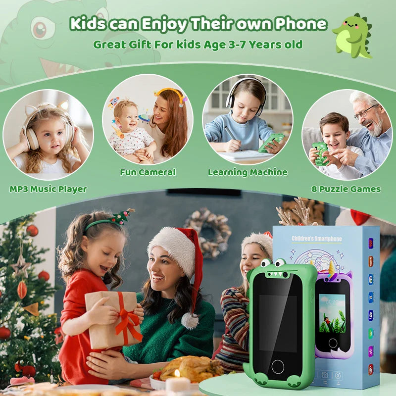 Green dinosaur toy phone and box in a holiday-themed graphic with music, camera and puzzle activities
