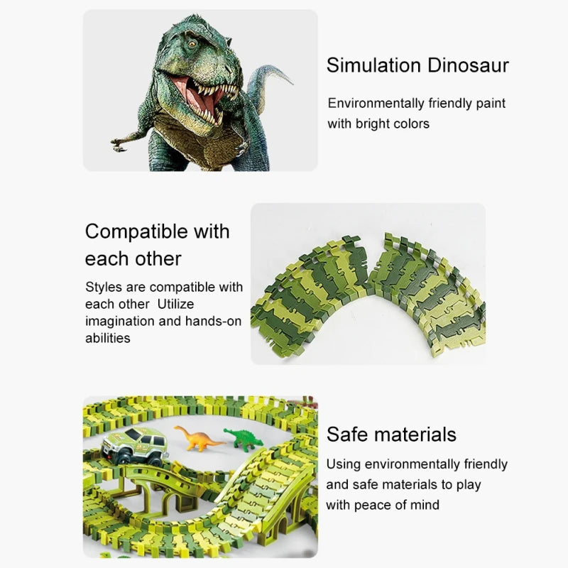 Detail panel showing a dinosaur, curved green track sections, and an assembled race track