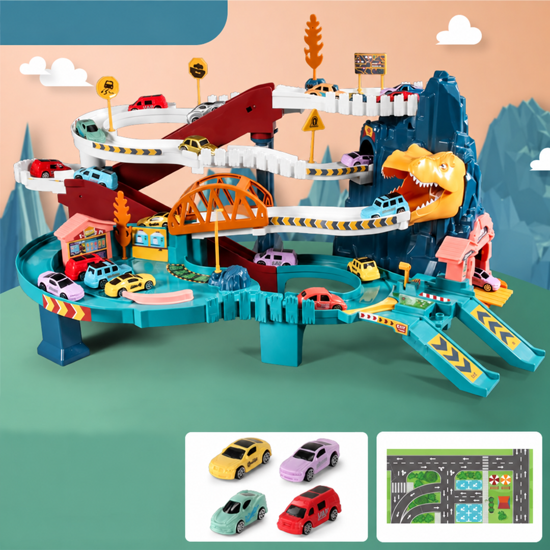 Dinosaur track option pictured with four toy cars and a road-pattern mat.