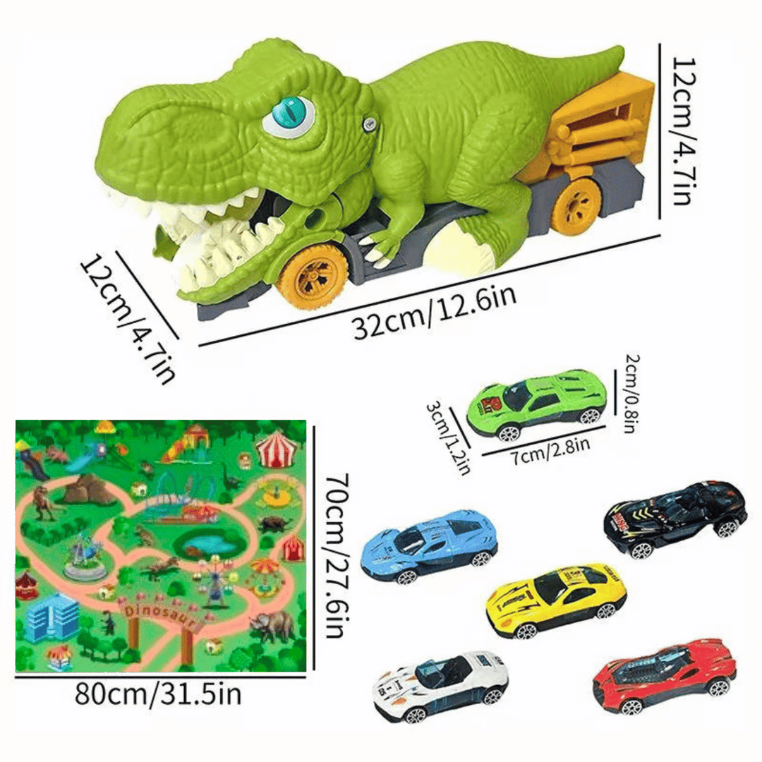 Dimensions for the dinosaur truck, small cars, and 80 by 70 cm map play mat