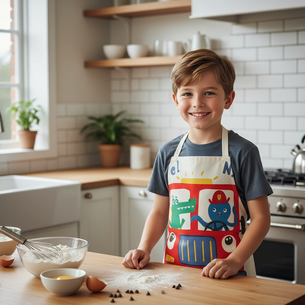 Boy wearing a dinosaur truck apron at a kitchen counter with baking ingredients