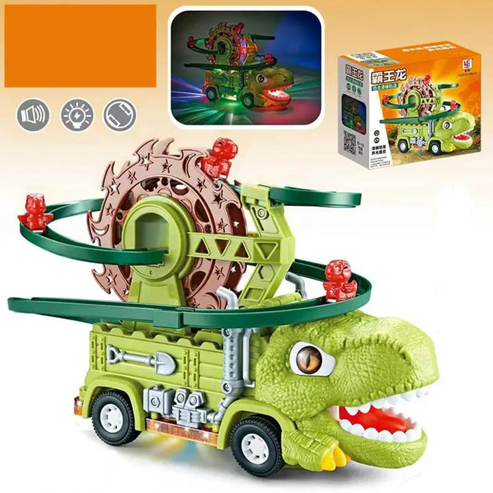Dinosaur toy truck with a lit-up inset and retail packaging