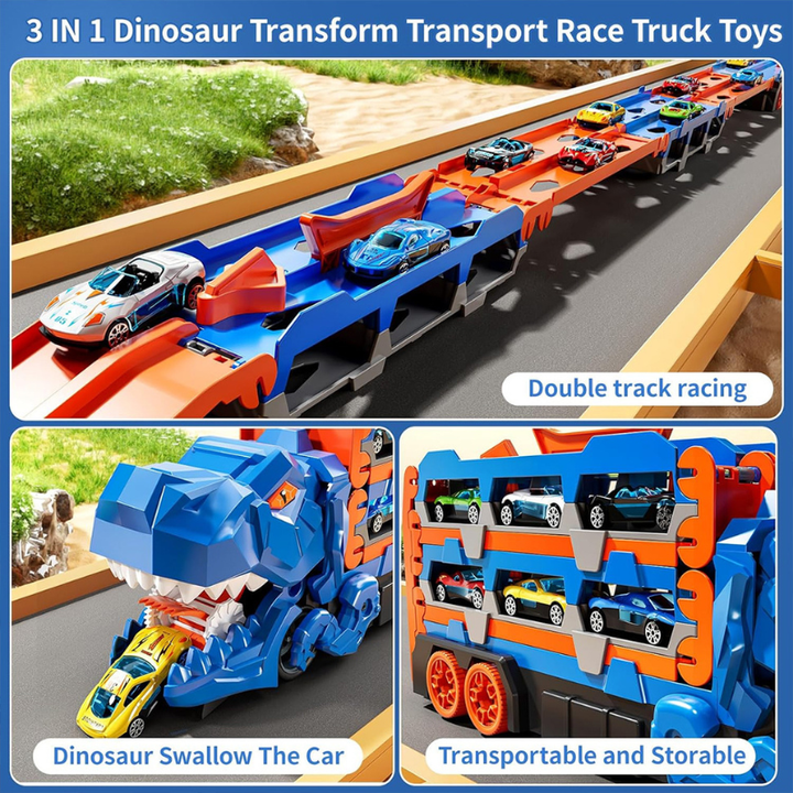 Blue dinosaur truck with a double racetrack, open T-Rex mouth, and side car storage.