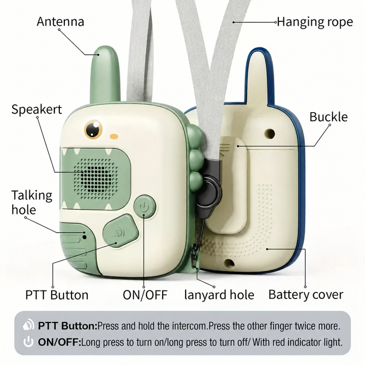 Front and back views of dinosaur walkie-talkies showing buttons, speaker, clip, and carrying straps