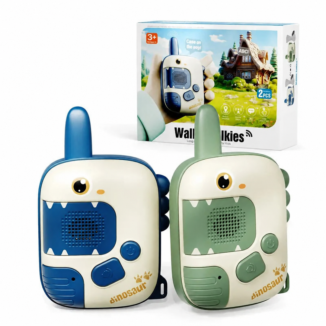 Blue and green dinosaur walkie-talkies displayed beside their retail box