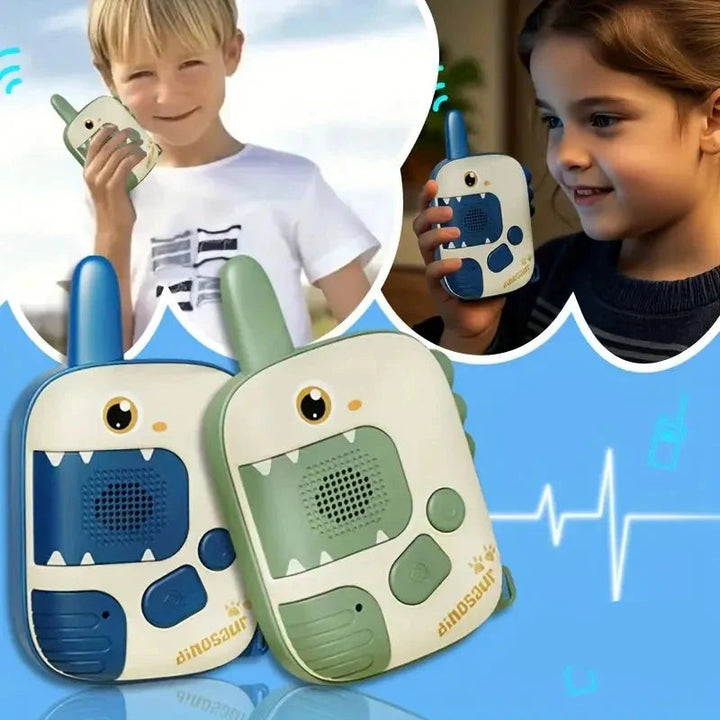Blue and green dinosaur walkie-talkies with two children demonstrating how to hold them
