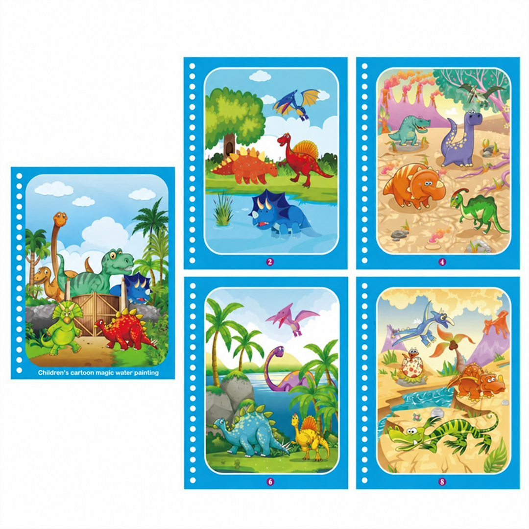 Dinosaur water coloring book cover with four prehistoric coloring scenes.