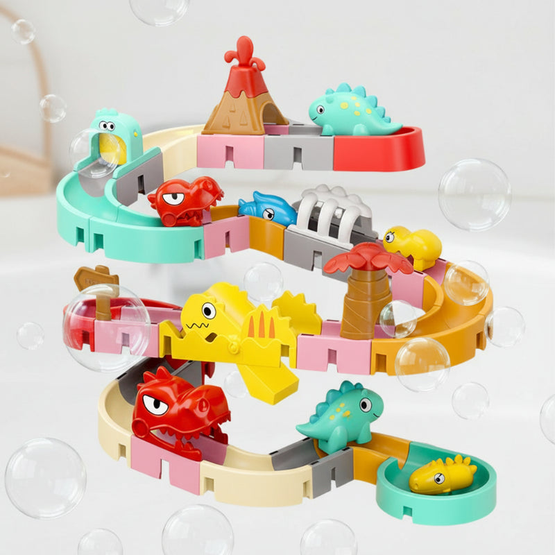 Dinosaur bath toy with a volcano, dinosaur characters, and a multi-level slide