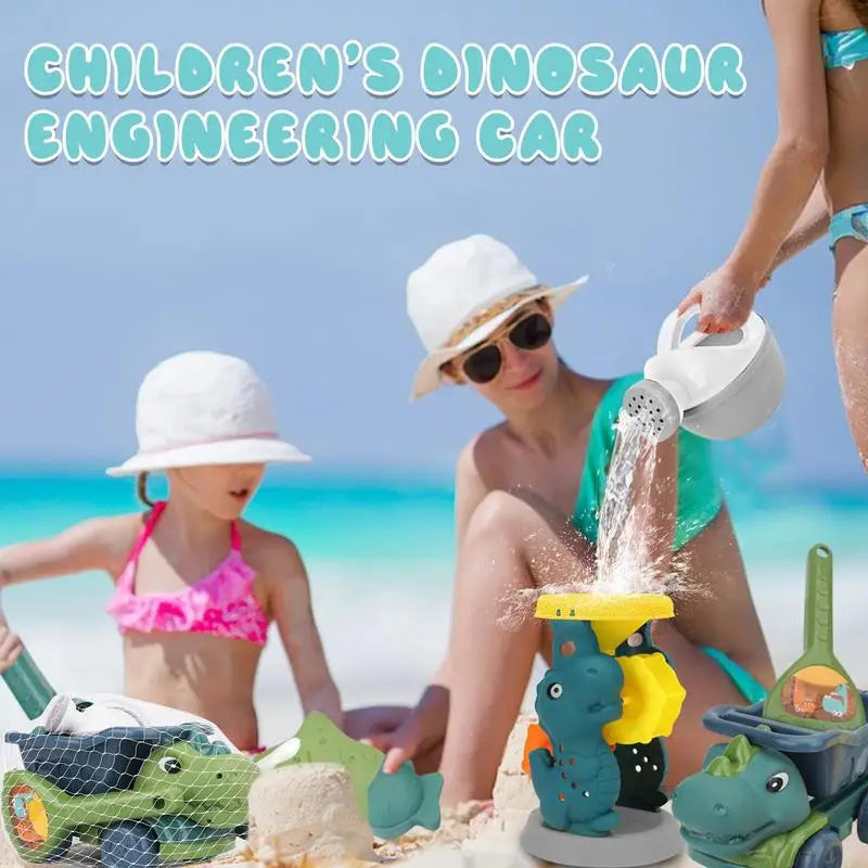 Adult pouring water into a dinosaur water wheel beside a child playing at the beach