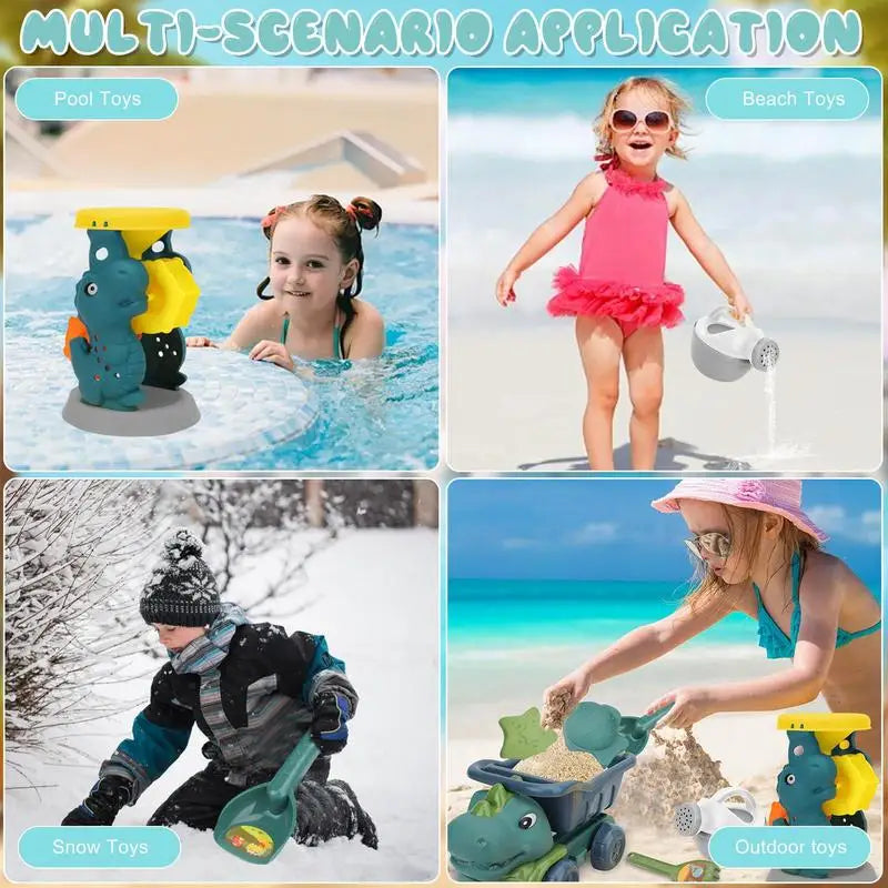 Dinosaur sand toy set with water wheel shown in pool, beach, snow, and outdoor play scenes