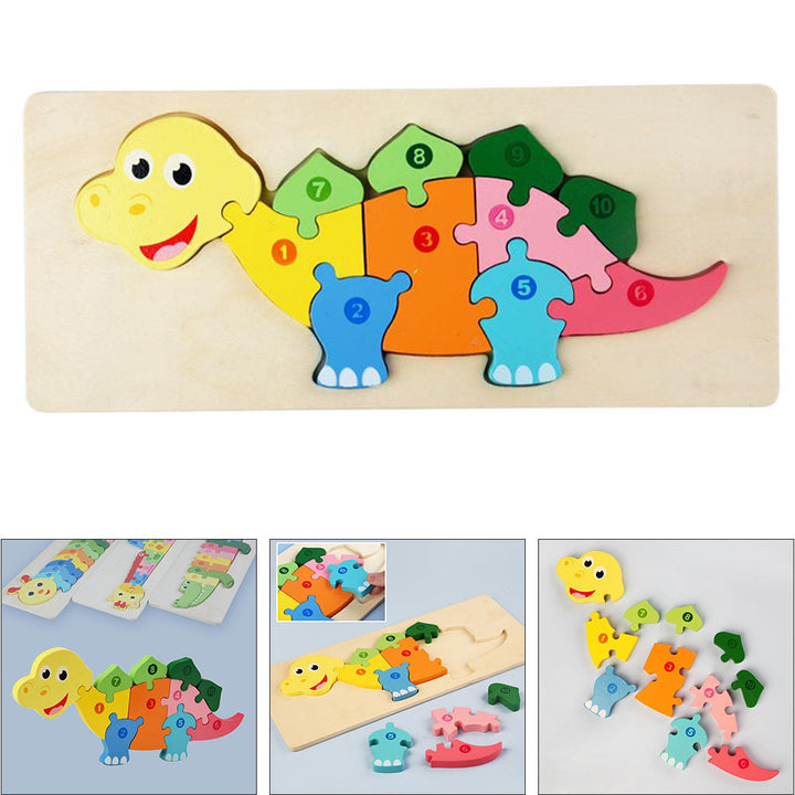 Dinosaur wooden number puzzle with smaller views of its interlocking pieces