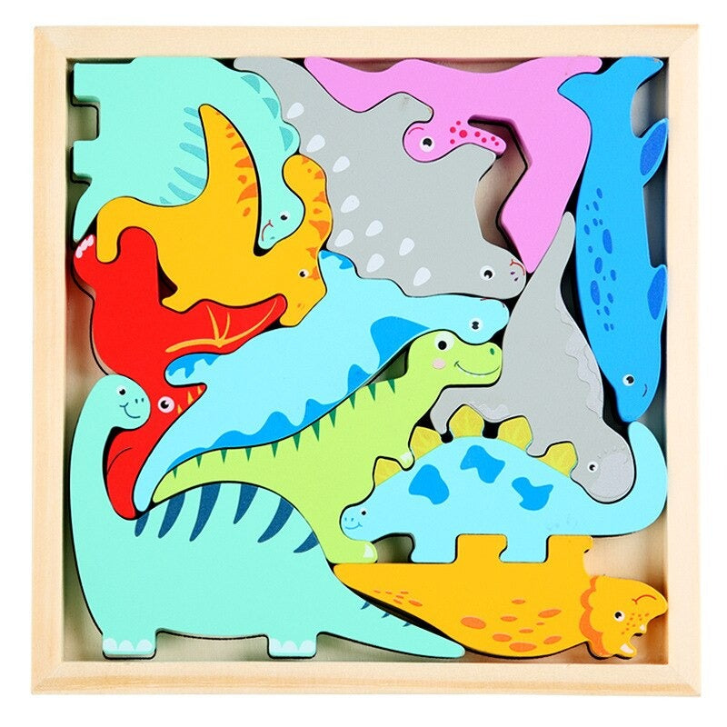 Wooden dinosaur puzzle with brightly colored dinosaur pieces fitted into a square frame