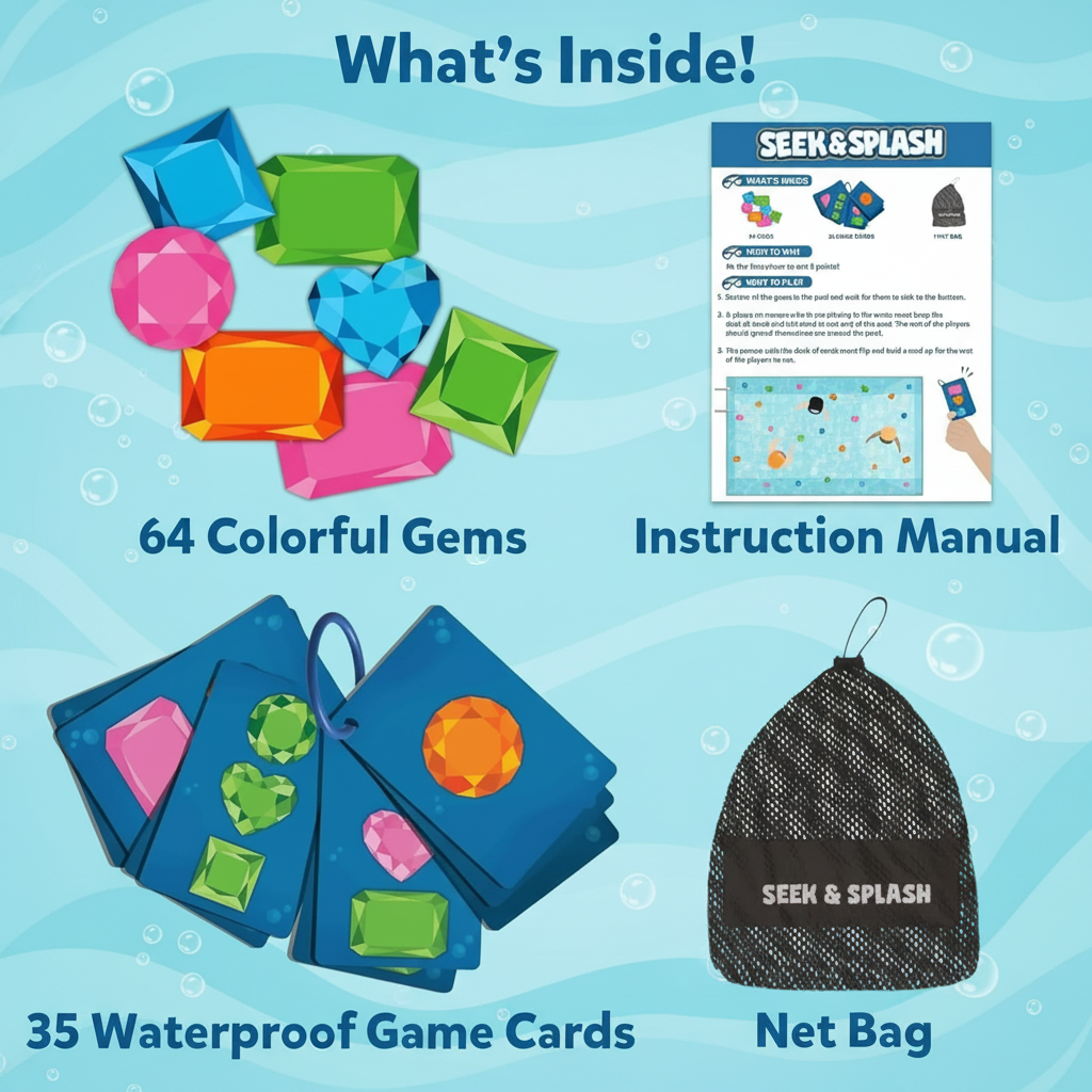 Game contents: 64 colorful gems, 35 waterproof game cards, an instruction manual, and a mesh bag.