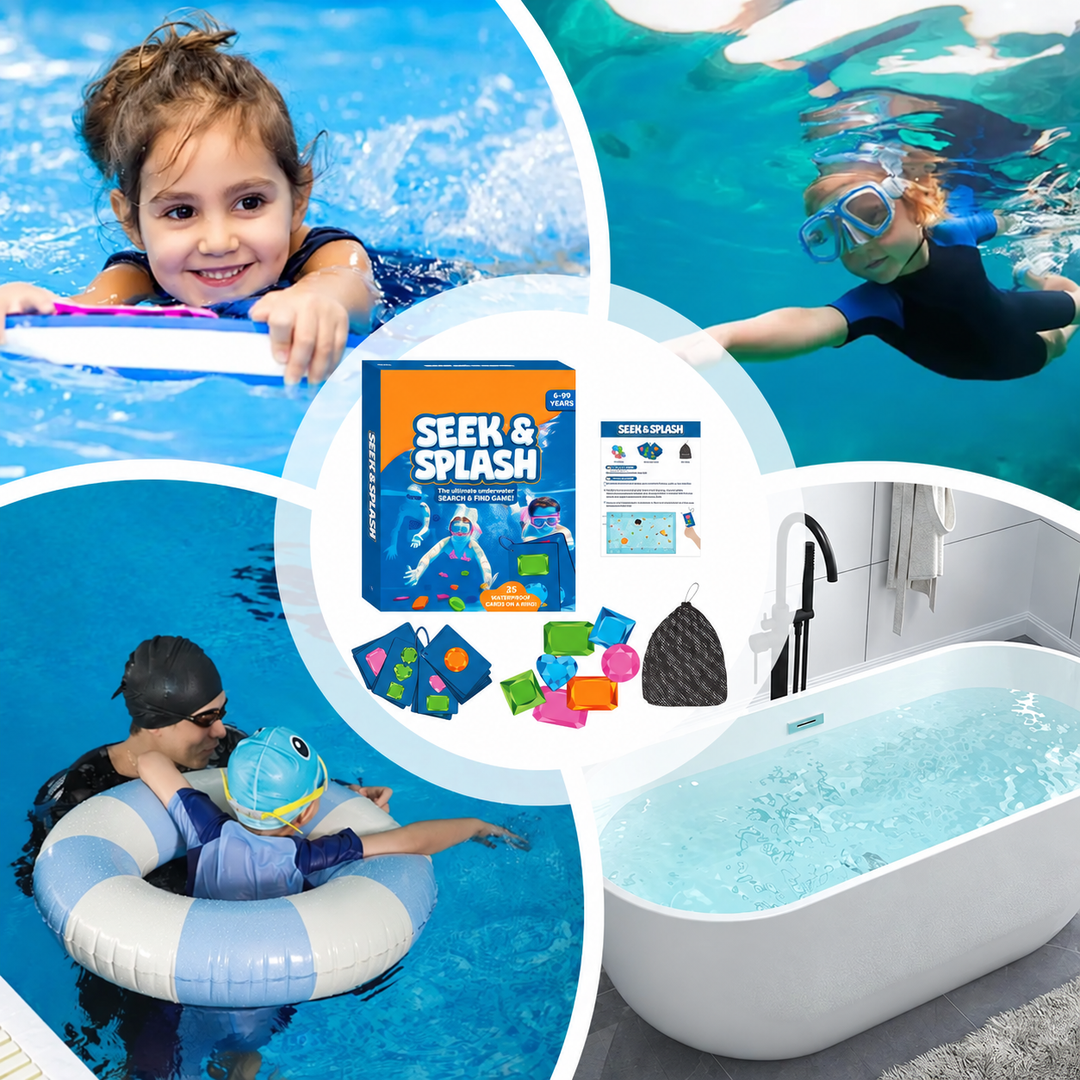 Collage of pool and bathtub play settings with the diving game, matching cards, and mesh bag.