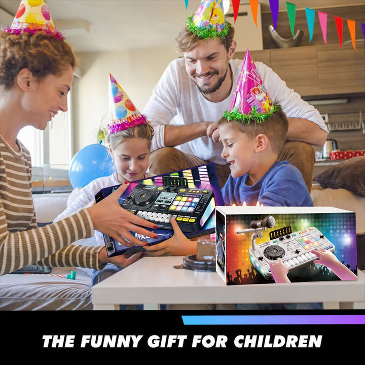 Children and adults playing with a DJ mixer toy at a birthday celebration