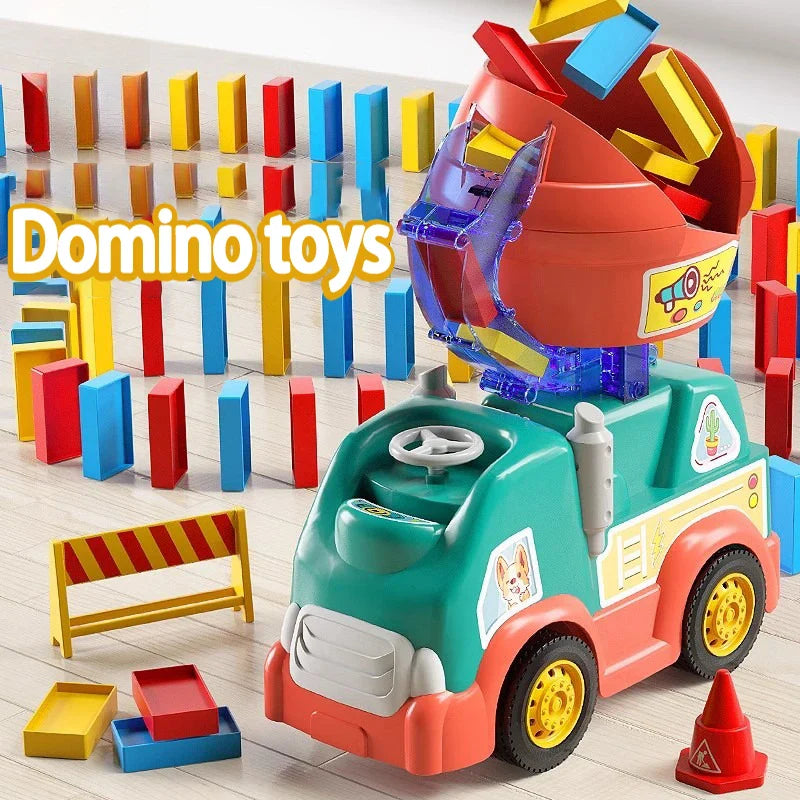 Domino toy truck with colorful pieces, a striped barrier, and a red traffic cone