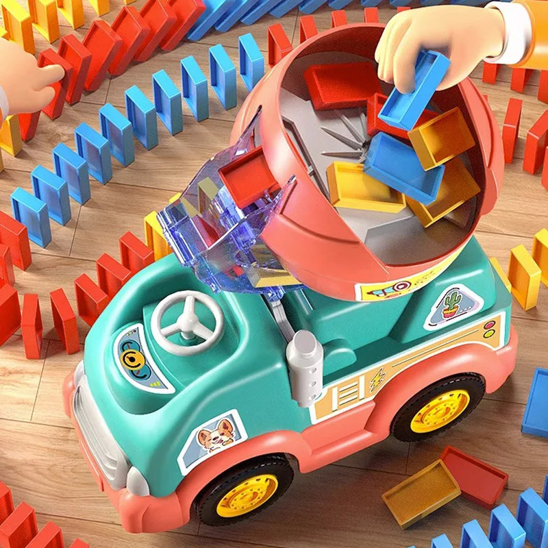Cutaway view of the toy truck's hopper as a hand adds a blue domino